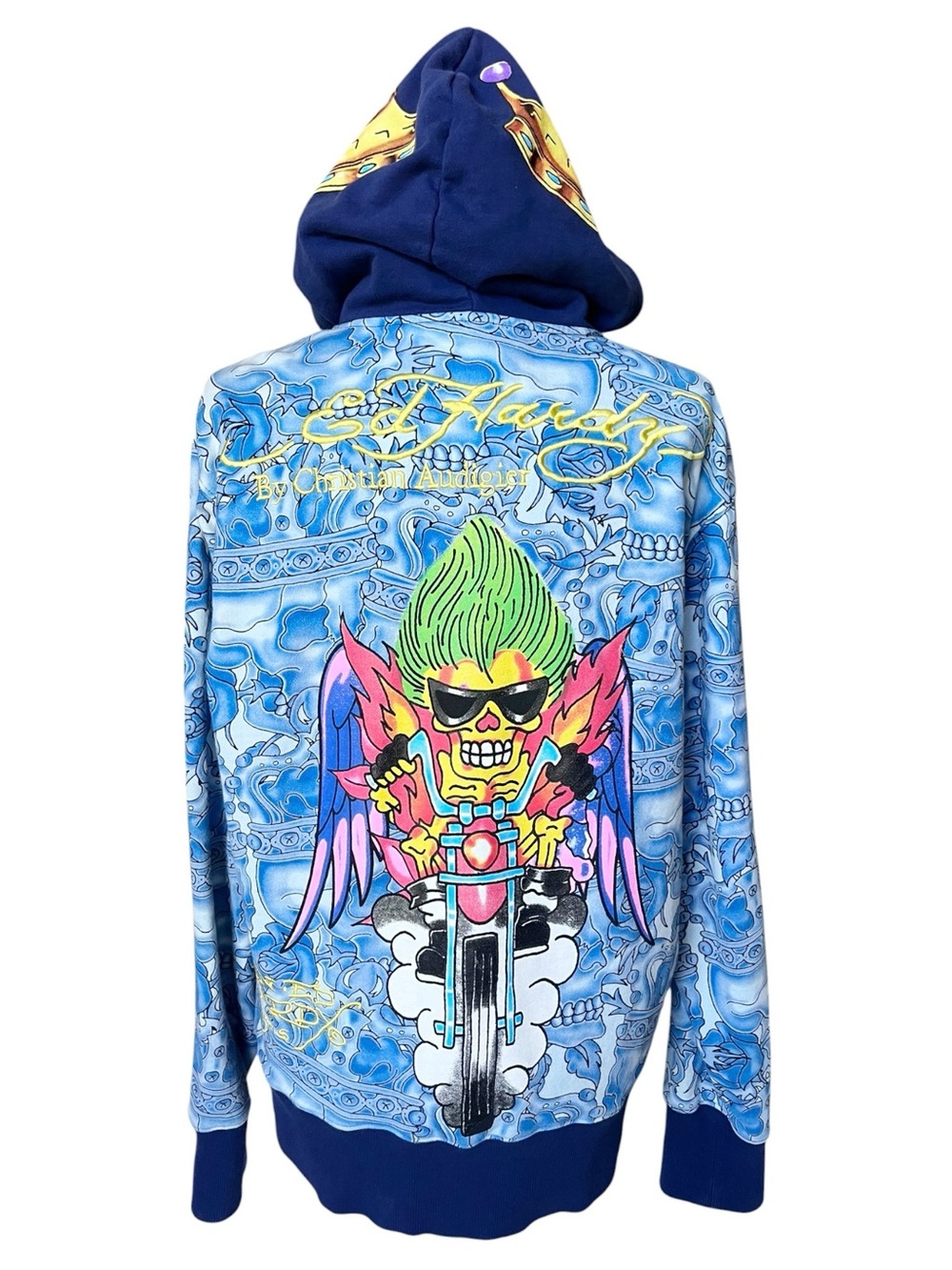 Ed Hardy Vintage Y2K Blue Skull Motorcycle All Over Print Zip Up Hoodie Large